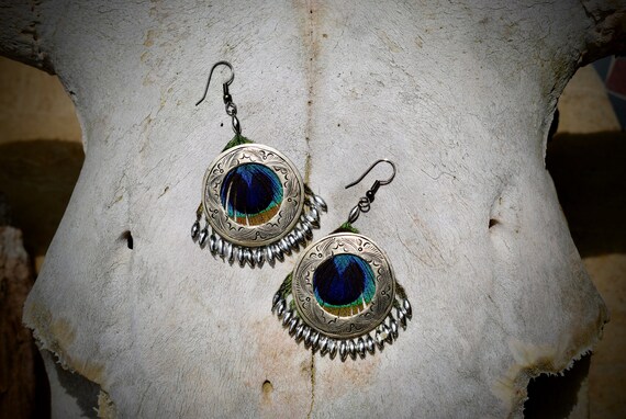 Concho encased Peacock Feather earrings, Peacock Feather Chandelier earrings, boho earrings