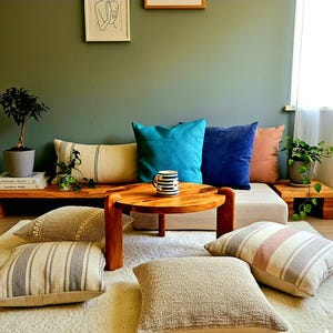 Mesa de centro baja redonda de nogal de 20'' - Soporte moderno para plantas - Mesa de salón Wabi Sabi