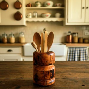 May include: A rustic wooden utensil holder with various wooden spoons and a honey dipper. The holder is made of a dark, textured wood and sits on a wooden table. The kitchen background includes shelves with dishes and jars.