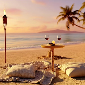 May include: A beach scene at sunset with a tiki torch, a small table with two glasses of red wine, a candle, and a bowl of olives. A blanket and two pillows are on the sand. Palm trees and the ocean are in the background.