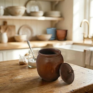 May include: A brown ceramic jar with a lid on a wooden table. The jar is round with a wide opening and a matching lid. The background includes kitchen shelves with dishes and bowls, and a sink.