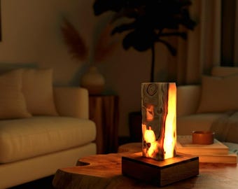 1980s Vintage Marble Table Lamp – Handmade Marble & Wood Design, Atmospheric Glow, Retro Lighting