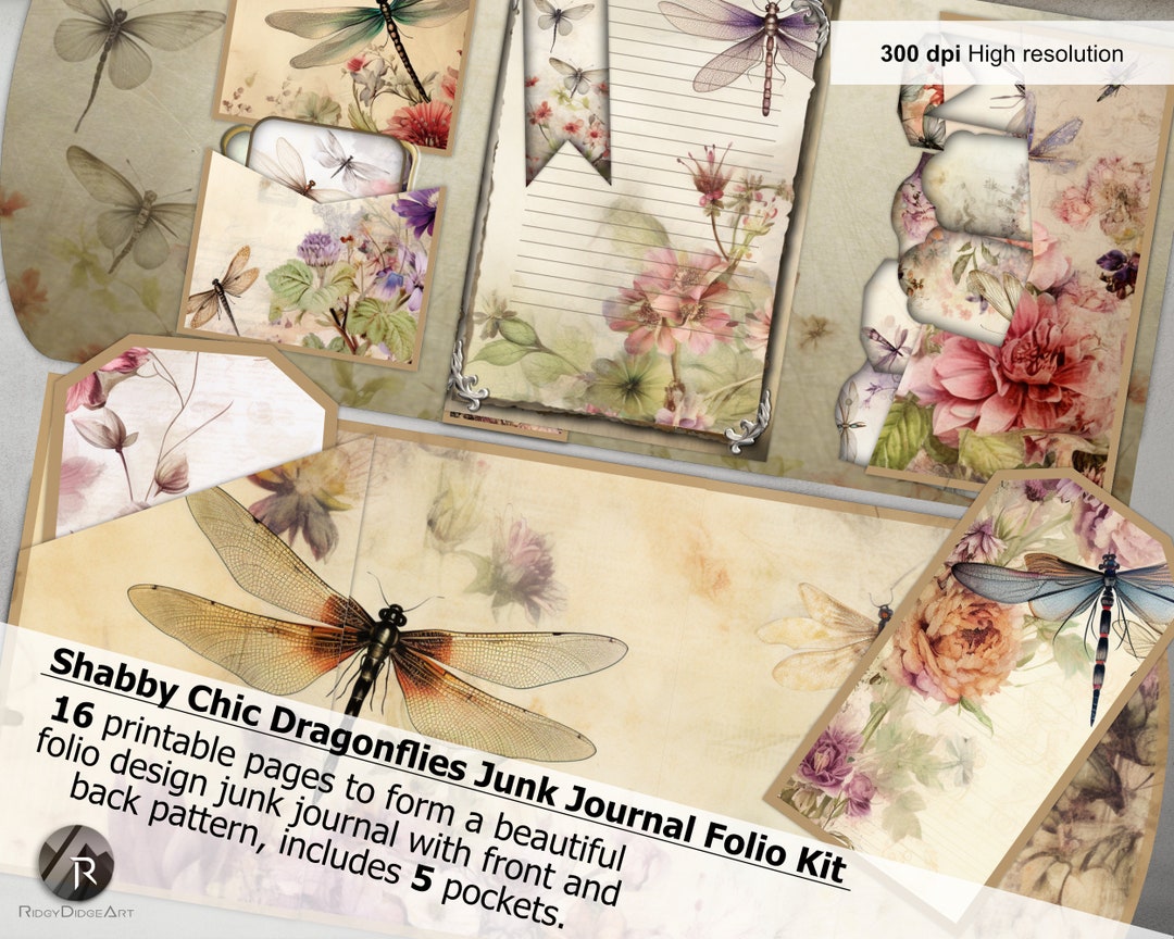 Shabby Chic Dragonflies Junk Journal Folio Kit | Dragonfly | Vintage ...