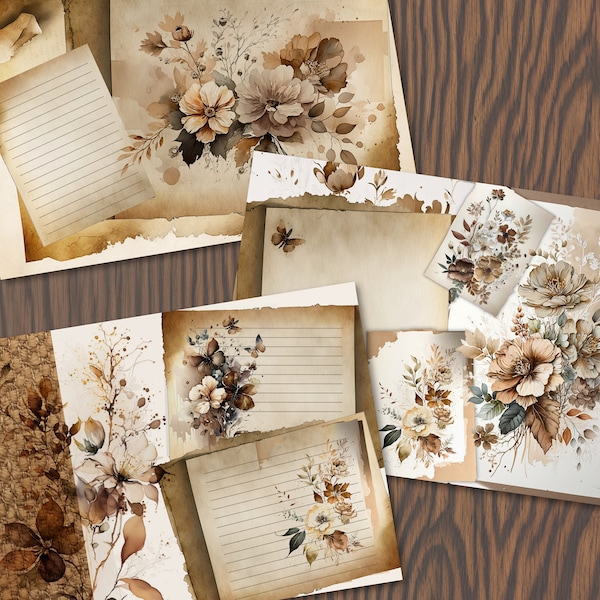 Junk Journal Scrapbooking Kit | Neutral Brown Flowers | Printable | Ephemera | Textured Paper | Watercolour | Digital | Embellishments