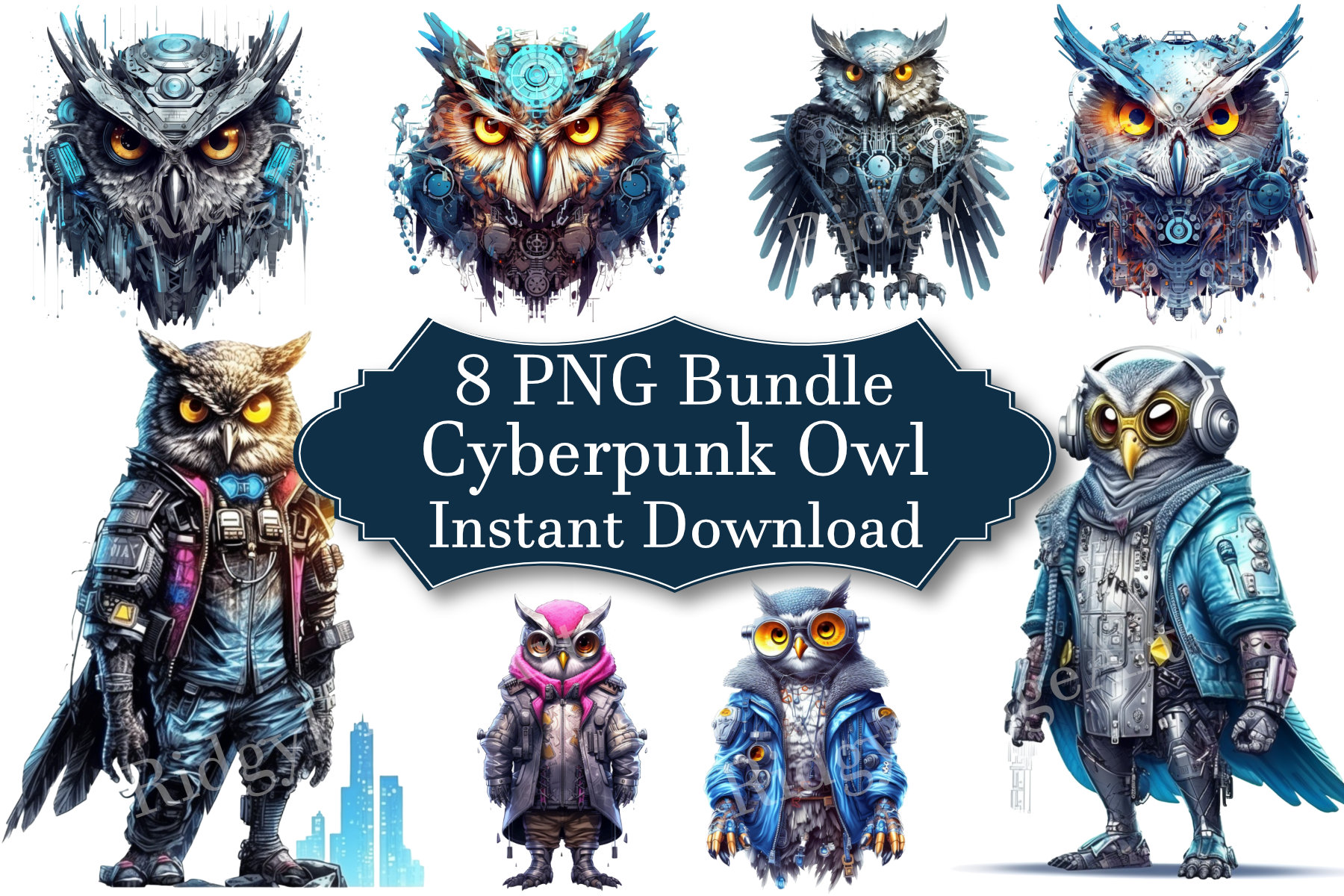 Cyberpunk Owl | 8 PNG Bundle | Clipart | Digital Download | Scrapbook | Crafting | High Quality | Di