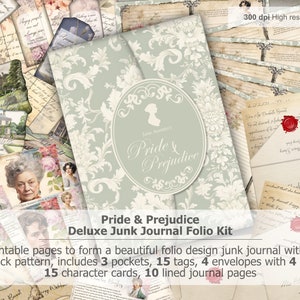 Jane Austen&#39;s Pride and Prejudice Deluxe Folio and Junk Journal Kit, Printable, Ephemera, Digital Download, Scrapbooking, A4, Cottagecore
