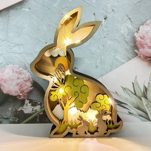 HandCarved Wooden Rabbit Ornaments With Lights-3D Laser Cut Wooden Bunny Design-Easter Decor-Wooden Animal Home Decor-Easter Gifts for Kids