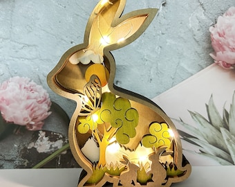 HandCarved Wooden Rabbit Ornaments With Lights-3D Laser Cut Wooden Bunny Design-Easter Decor-Wooden Animal Home Decor-Easter Gifts for Kids