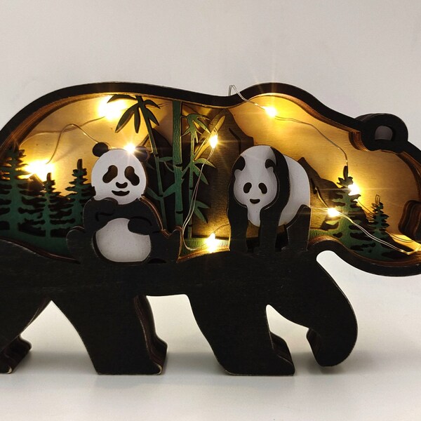 Adorable ornement de panda en bois sculpté en 3D avec lumières, travaux manuels pour creuser des trous en bois, jouets de bureau pour animaux de la forêt, lampe panda personnalisée, cadeau d'anniversaire