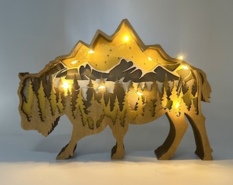 Wooden 3D Carved Buffalo Bison Desktop Ornament with Lights,Wild Forest Animal,Wooden Crafts,Wooden Animal Light,Engraved Gifts,Buffalo gift