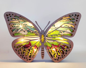 Charming 3D Wooden Multi-layer Hollow Butterfly Ornament With Lights,Wooden Animal Carving Butterfly Crafts,Home Desk Ornaments,Gift for Her