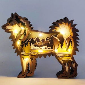3D Wooden Carved Alaskan malamute/Dog Decor with lights,Multi-layer hollow malamute ornaments,Wooden Animal Craft Decor,Customized Dog Lamp