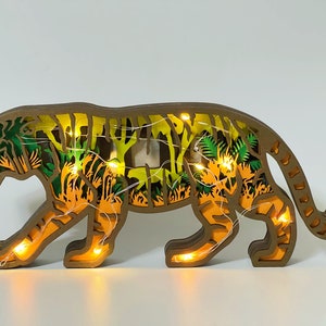 Custom Wooden Carved 3D Tiger With Light Desk Decoration-Animals Ornaments in Forest Landscape-Wooden Tigers Crafts-Custom Tiger Light