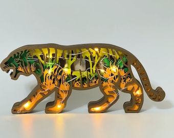 Custom Wooden Carved 3D Tiger With Light Desk Decoration-Animals Ornaments in Forest Landscape-Wooden Tigers Crafts-Custom Tiger Light