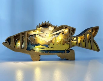 Requin/perche en bois sculpté en 3D avec lumières, breloque artisanale en bois de poisson marin, décoration de bureau, décoration de table, lampe de poisson en bois, cadeaux personnalisés