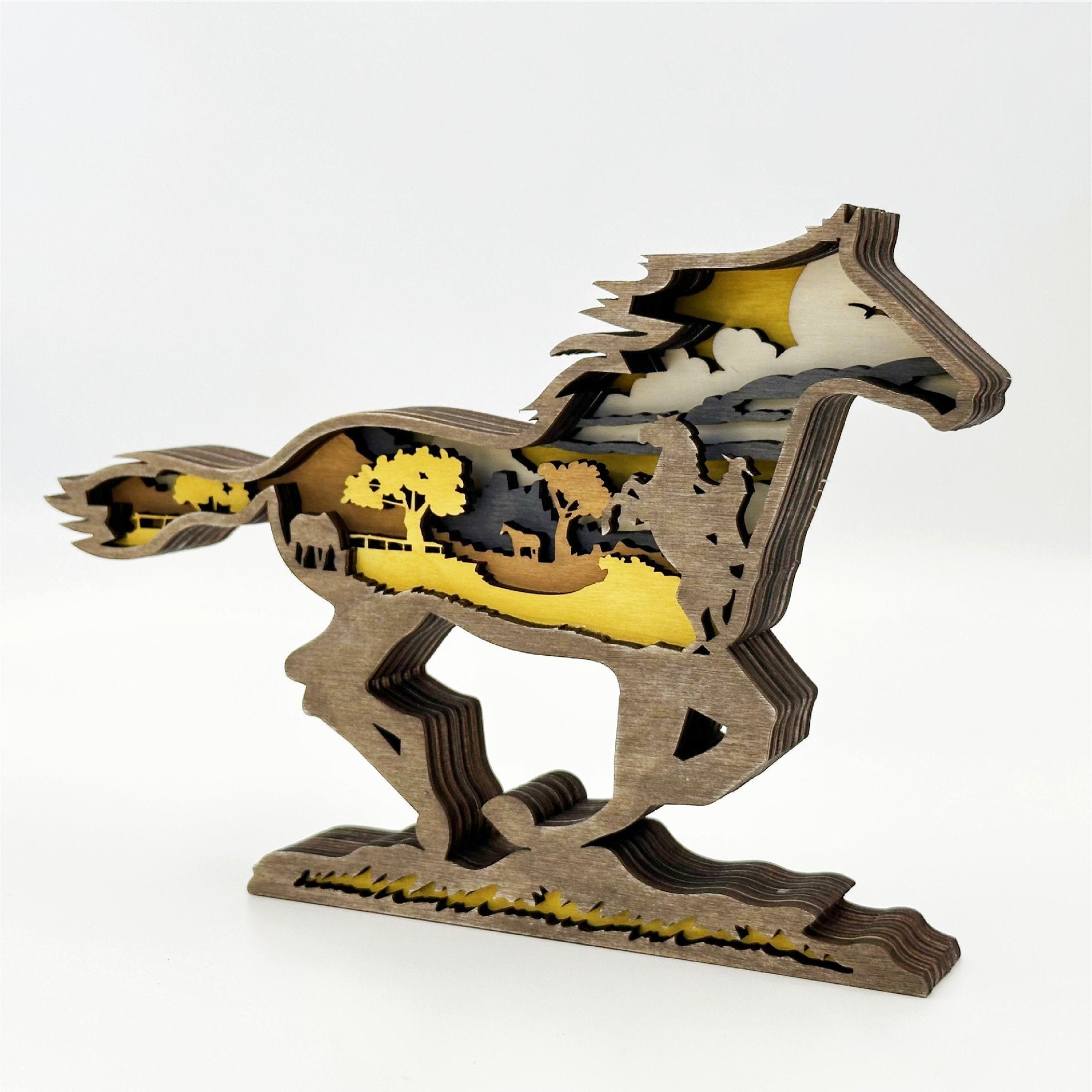 Wooden 3D Horse Hollow Decoration With Lightsdesktop Home Etsy