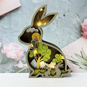 HandCarved Wooden Rabbit Ornaments With Lights-3D Laser Cut Wooden Bunny Design-Easter Decor-Wooden Animal Home Decor-Easter Gifts for Kids Bunny with Light