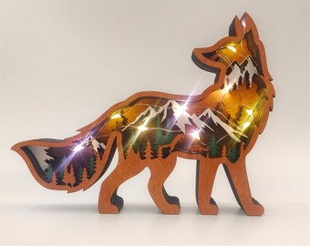 Wooden Handcarved 3D Fox with LED Lights Desktop Decor,Wooden Wild Animals Ornament,Wooden Toys For Kids,Customized Animal Lamp,Custom gifts