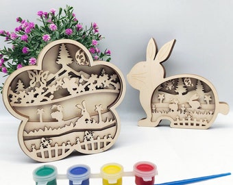 Easter DIY Coloring Wooden Bunny/Flower/Egg Ornament with Painting Kit-Wood Painting for Kids-Coloring Set for Easter Gift-Wooden Desk Decor