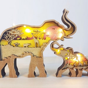 Wooden 3D Carved Elephant Ornament With Lights,Wooden Wild Forest Animal Craft,Animal Desktop decor,Personalized Gift,Custom Elephant Lamp