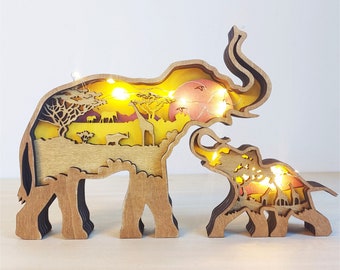 Wooden 3D Carved Elephant Ornament With Lights,Wooden Wild Forest Animal Craft,Animal Desktop decor,Personalized Gift,Custom Elephant Lamp