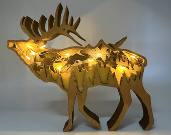 Nordic Wooden 3D Moose Animal Decor with LED Lights,Home Office Decoration Crafts,Forest Animals Desktop toys,Personalized Wooden Moose Lamp