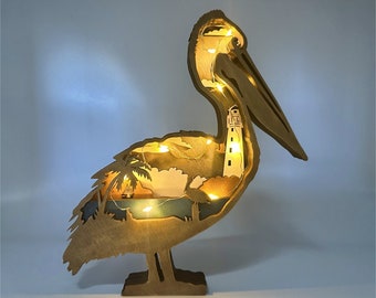 3D Wooden Pelican Decor with lights,Wooden Animal Crafts Decor,Wooden Pelican,Desktop ornament with Light,Customized Pelican Lamp,Home decor