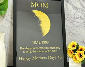 Cadeaux personnalisés pour la fête des mères - Cadre photo lune en bois - Impression des phases de la lune par date - Cadeau d'anniversaire personnalisé - Date spéciale personnalisée - Phase lunaire personnalisée
