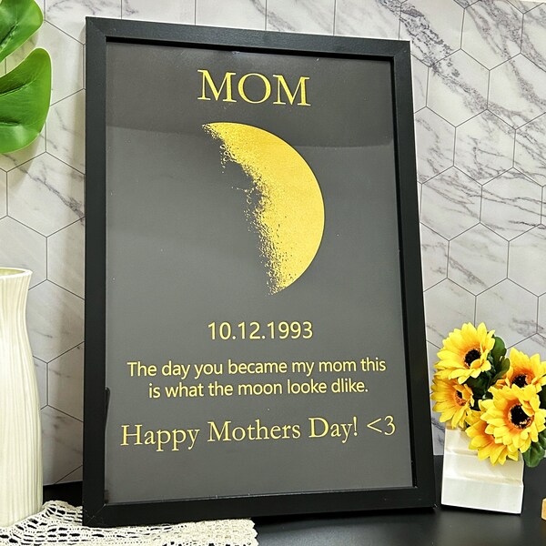 Personalized Mother's Day Gifts-Wooden Moon Photo Frame-Moon Phase Print by Date-Custom Birthday Gift-Custom Special Date-Custom Lunar Phase