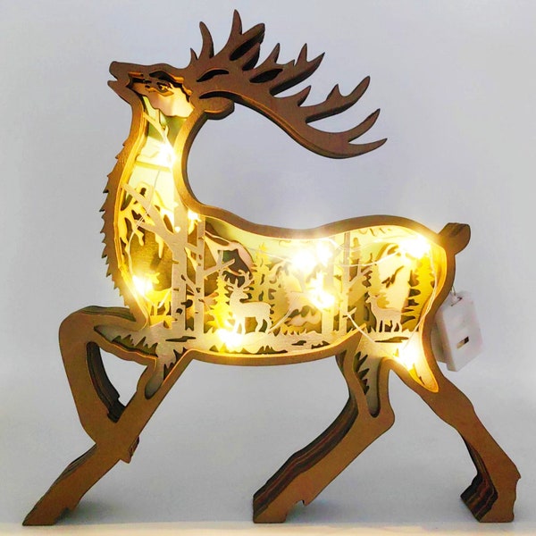 Custom Wooden Carved 3D Elk Desk Decoration With Light,Home Decor,Deer Lovers Gift,Animals Ornament in Forest Landscape,Elk/Deer desk Lamp