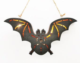 Handmade 3D Halloween Glowing Wooden Bat hanging Ornaments,wooden crafts Bat Lantern,Halloween decor,Haunted house wall hanging decor