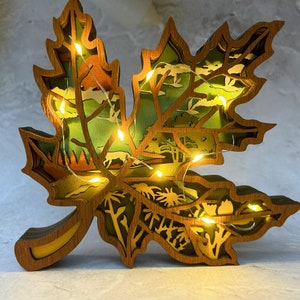 3D Wooden Maple Leaf Desk Ornaments with Lights,Wooden autumn Leaves,Fall Leaves Hollow out Wooden Crafts,Maple Leaf Light,Thankgiving Gift