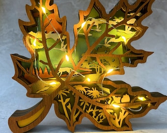 3D Wooden Maple Leaf Desk Ornaments with Lights,Wooden autumn Leaves,Fall Leaves Hollow out Wooden Crafts,Maple Leaf Light,Thankgiving Gift