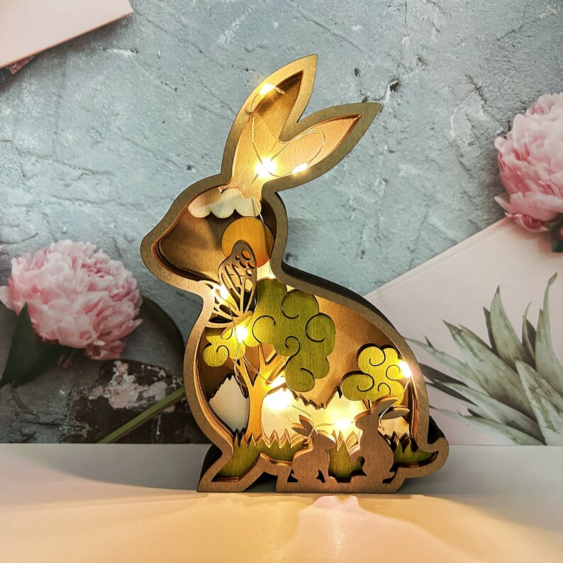 HandCarved Wooden Rabbit Ornaments With Lights-3D Laser Cut Wooden Bunny Design-Easter Decor-Wooden Animal Home Decor-Easter Gifts for Kids zdjęcie 9