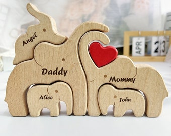 Rompecabezas familiar de elefantes de madera personalizado-Rompecabezas de nombre de familia-Adornos de escritorio de elefantes de madera-Regalo del Día de la Madre-Regalo para padres/abuelos