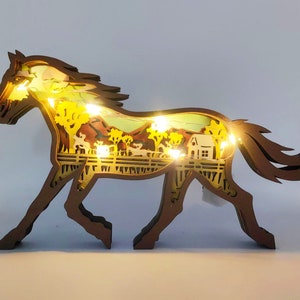 3D Wooden Horse Decoration with light,Wooden Wild Animal Craft Decor,Wooden Horse Ornament,Desktop ornament with Light,Customized horse Lamp