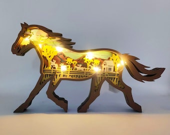 3D Wooden Horse Decoration with light,Wooden Wild Animal Craft Decor,Wooden Horse Ornament,Desktop ornament with Light,Customized horse Lamp