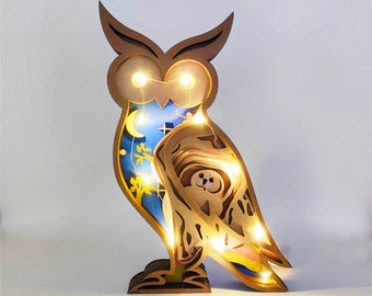 Wooden Carved 3D Owl Crafts Desk Decoration With Light, Wooden Owl Statue/Figurine Collection,Custom Gift for Owl Lovers-Wooden Owl Light
