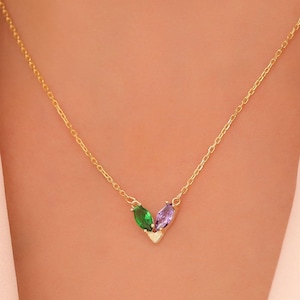 Personalized Heart Shape Lovers Birthstone Necklace, Toi et Moi Gemstone Necklace, You And Me Birthstone Heart Charm, Romantic Gift For Her