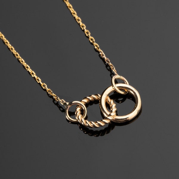 14K Solid Gold Interlocking Circle Necklace, Real Gold Friendship Necklace, 14K Intertwined Circles Necklace, Double Ring Necklace For Love