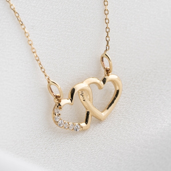 14K Solid Gold Interlocking Heart Neckace, Real Gold Lover Necklace, Real Gold Double Heart Necklace, 14K Gold Friendship Necklace Necklace