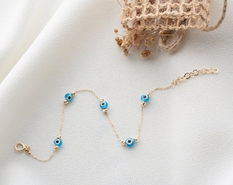 14K Solid Gold Minimalist Evil Eye Beads Bracelets, Real Gold Talisman Evil Eye Bracelets, Dainty Gold Protection Bracelets, Gift For Her