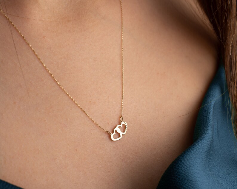 14K Solid Gold Interlocking Heart Neckace, Real Gold Lover Necklace