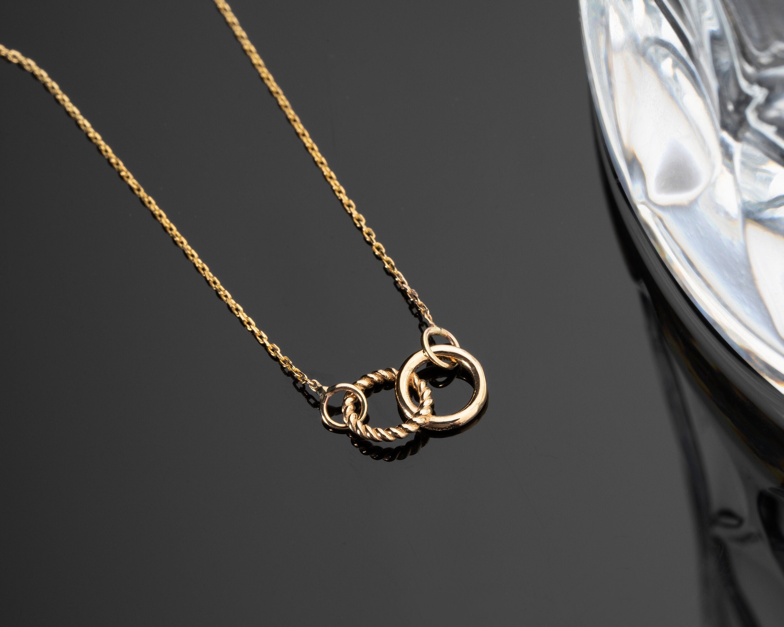 14K Solid Gold Interlocking Circle Necklace, Real Gold Friendship