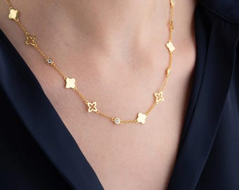 Custom Design Four Leaf Clover Necklace, Stackable Shamrock Necklace, Good Luck Necklace, Elegant Chain Necklace, Layering Luck Necklace