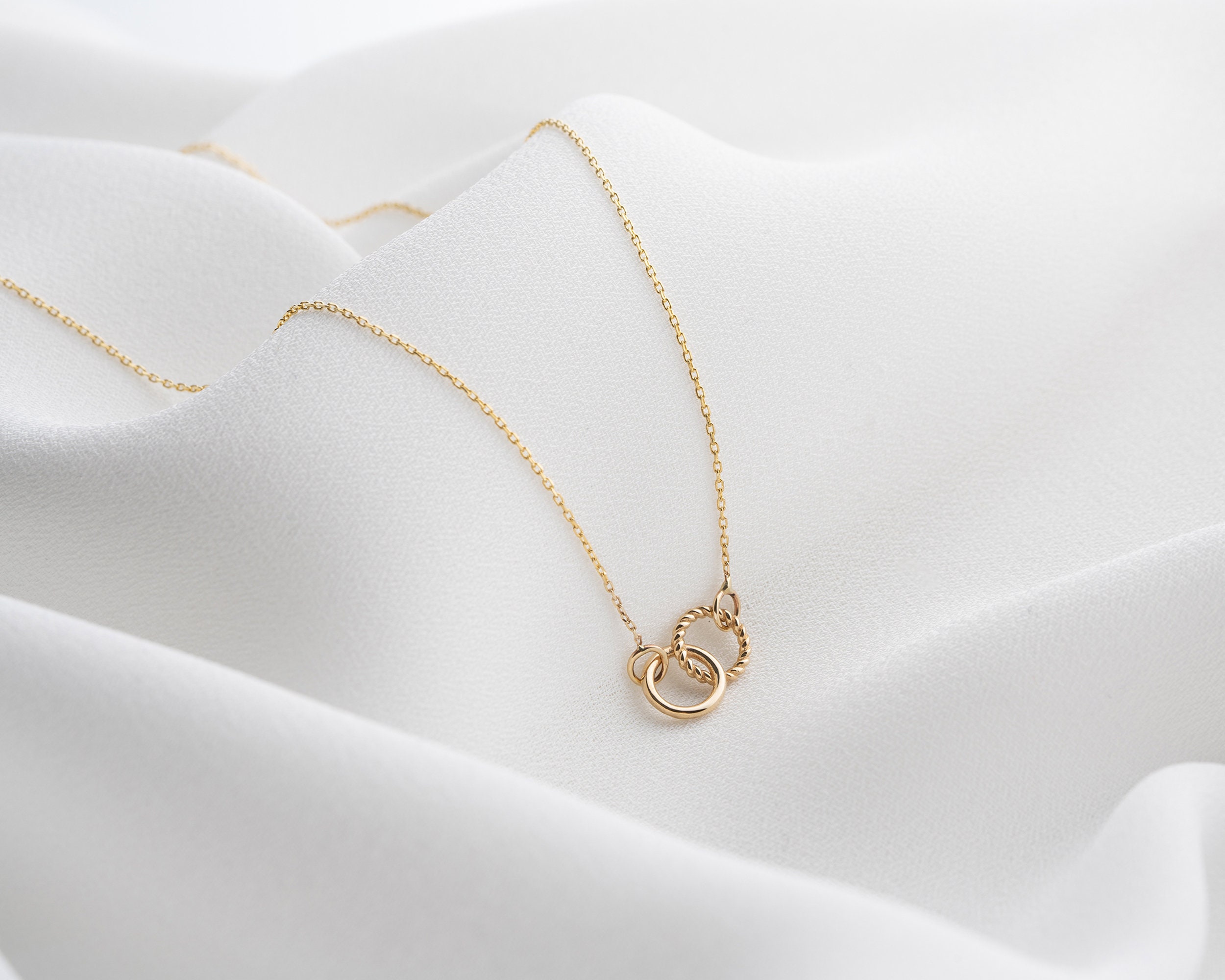 14K Solid Gold Interlocking Circle Necklace, Real Gold Friendship