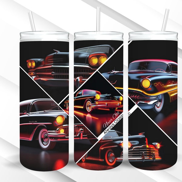 Neon Classic Car Collage Tumbler wrap png-Vintage Muscle Car Tumbler Design-20oz Skinny Tumbler Sublimation Template-for old car enthusiasts