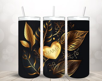 Mother's Day Tumbler Design,Gold Leaves,3D Heart Digital PNG 2025
