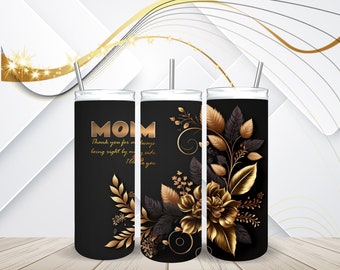 Mother's Day Tumbler PNG: Black & Gold Floral Design (Digital Download)