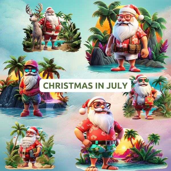 3D Noël en juillet Clipart Bundle-Digital Png Designs-Santa Claus Pngs-Noël Santa Clipart-Tropical Christmas Design-Summer Santa png
